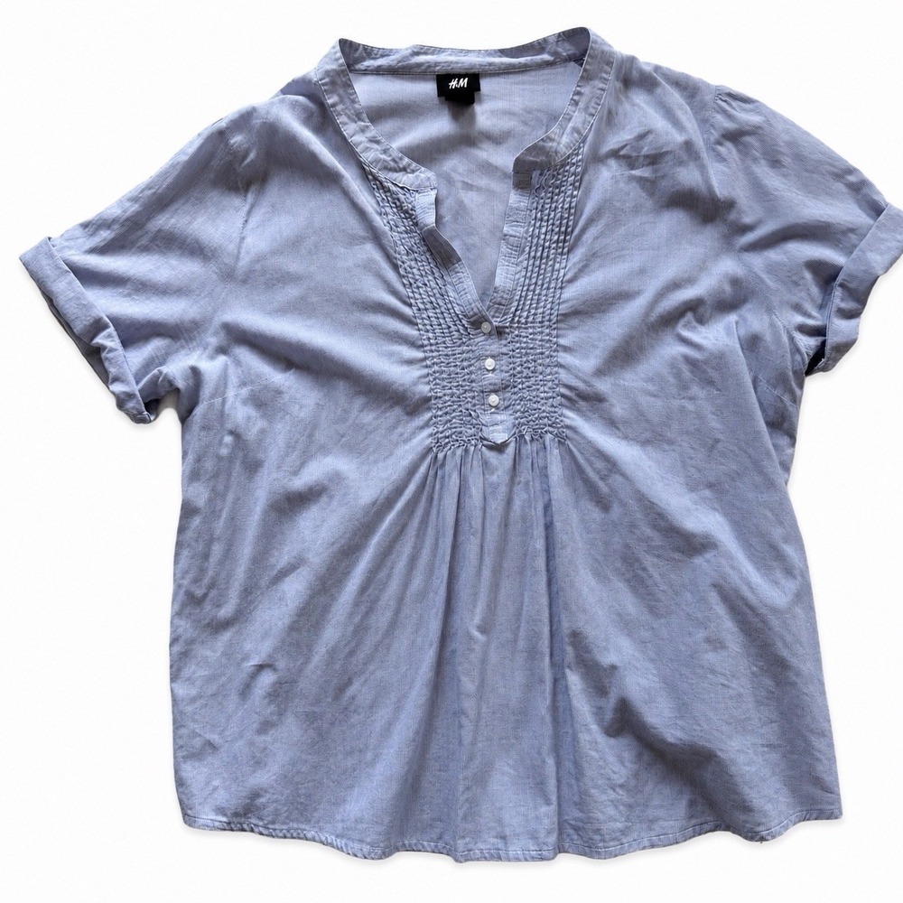 H&M Blue Pintuck Cotton Blouse Womens 16 Boho Tunic Top Roll Sleeve Lightweight